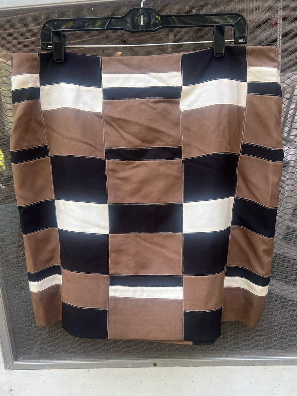 Checkerboard Patchwork Pencil Skirt in Brown, Black & White